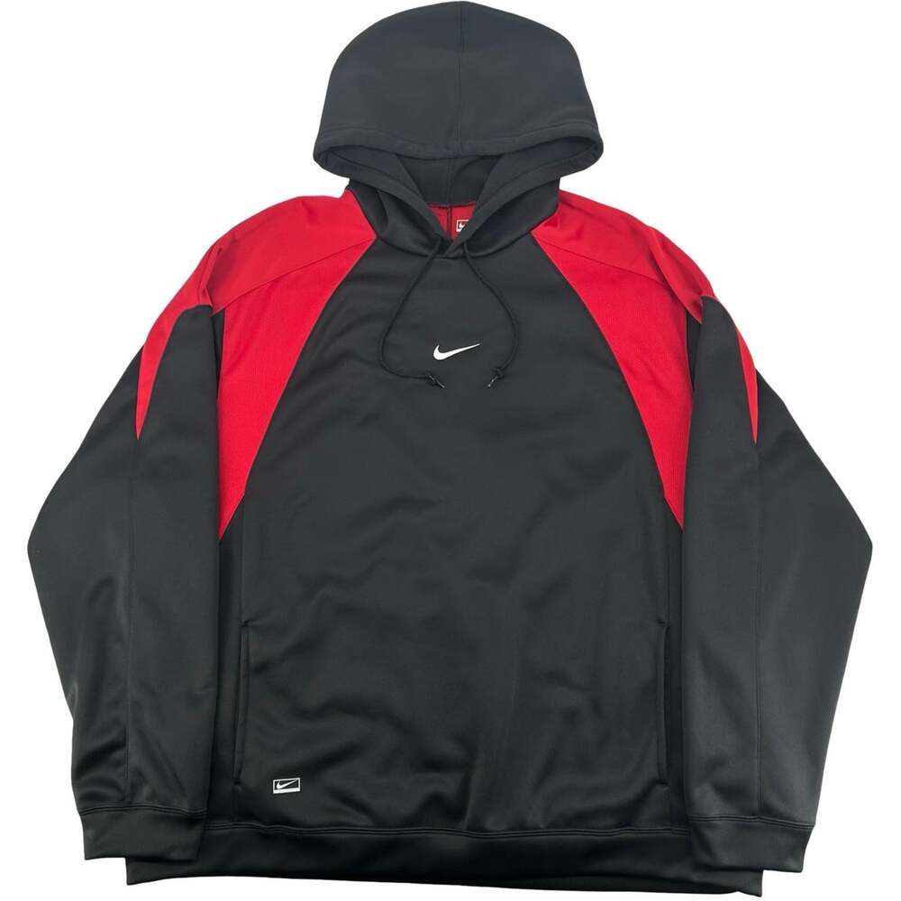 VTG y2k Men's Black Red Nike Center Swoosh Fleece Pullover Hoodie Sweatshirt XXL